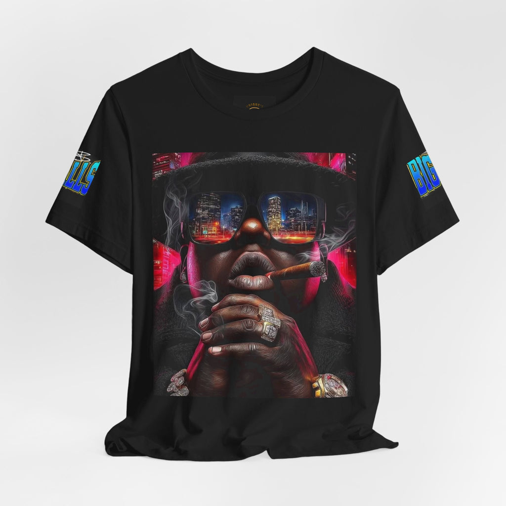 Urban Nightlife Portrait Tee — Smoky City Reflection Graphic T-Shirt