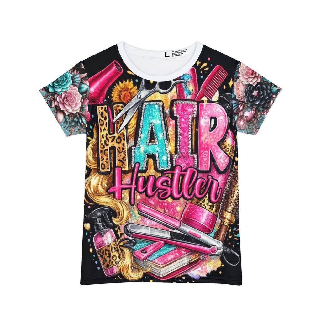 Floral Salon Tools Women’s Short Sleeve Shirt — Hairdresser Scissors, Brush & Comb All-Over Print