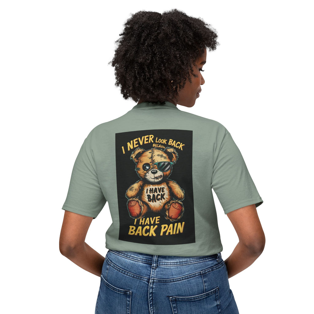T-Shirt — Vintage Injured Teddy Bear "I Never Look Back, I Have Back Pain" Graphic