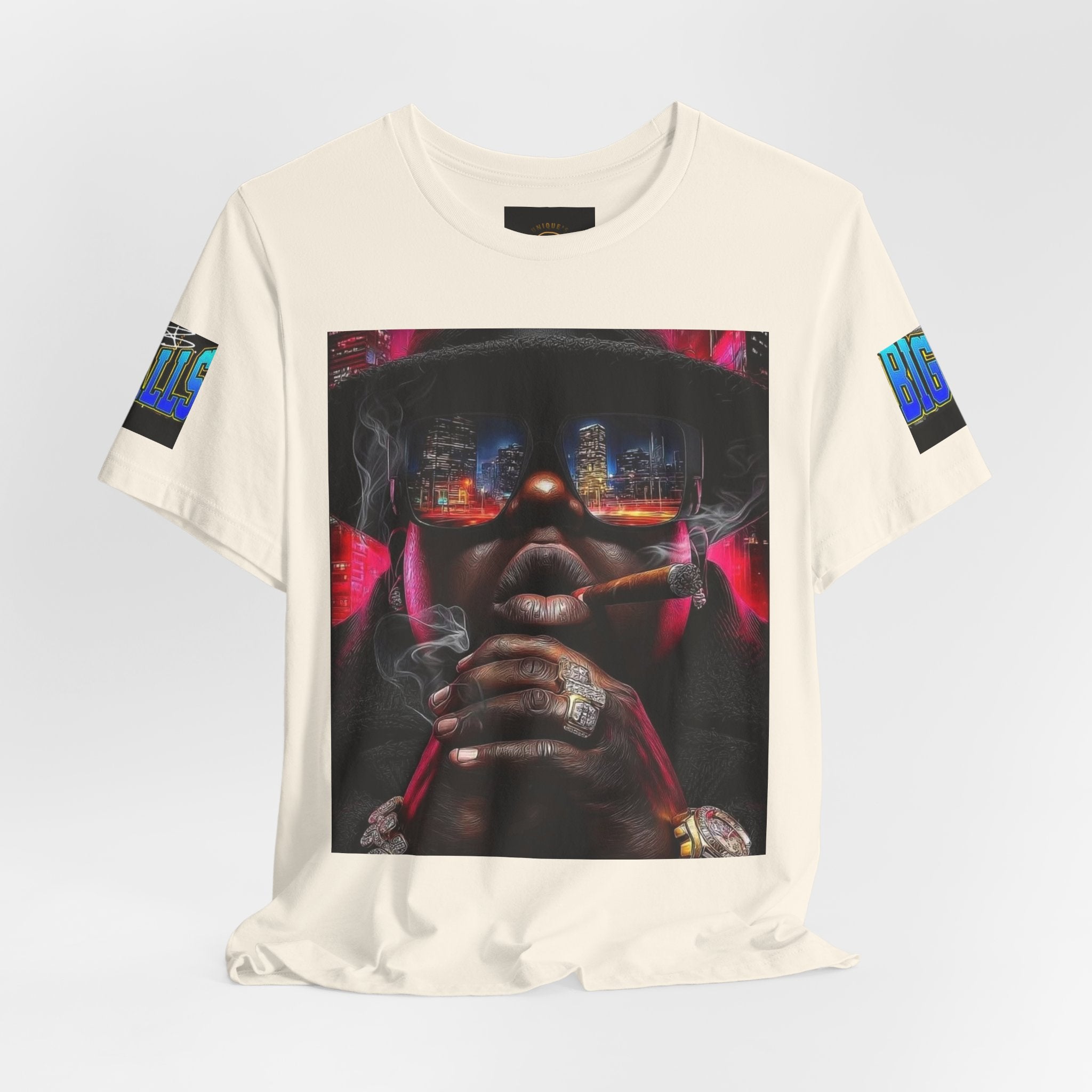 Urban Nightlife Portrait Tee — Smoky City Reflection Graphic T-Shirt