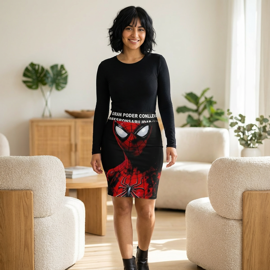 Spider-Man Inspired Women's Pencil Skirt — Red & Black Comic Web Design ("Gran poder...")