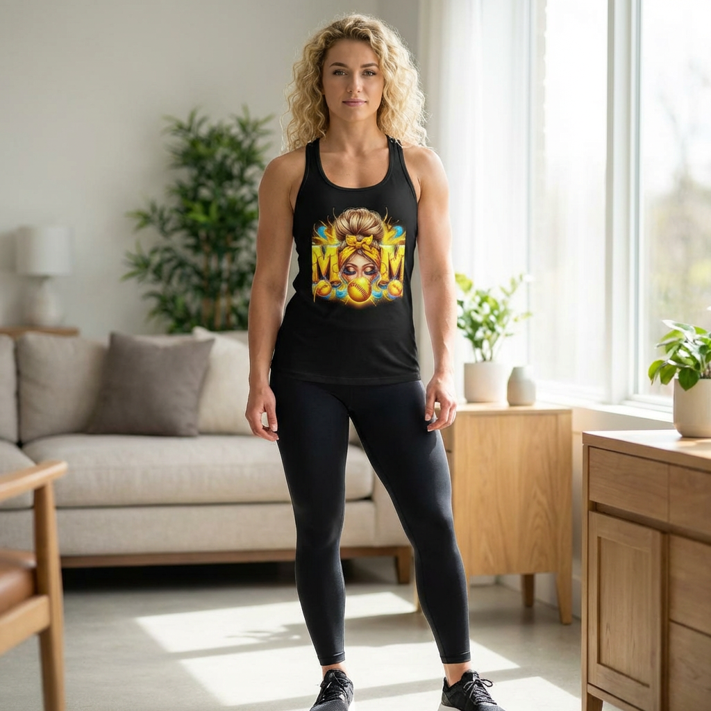 Softball Mom Racerback Tank Top — Retro Hair-Bun Mom Design
