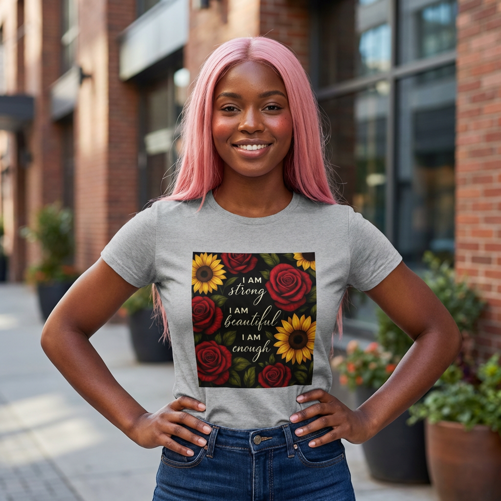 Affirmation Floral Women's Baby Tee — "I Am Strong, I Am Beautiful, I Am Enough"