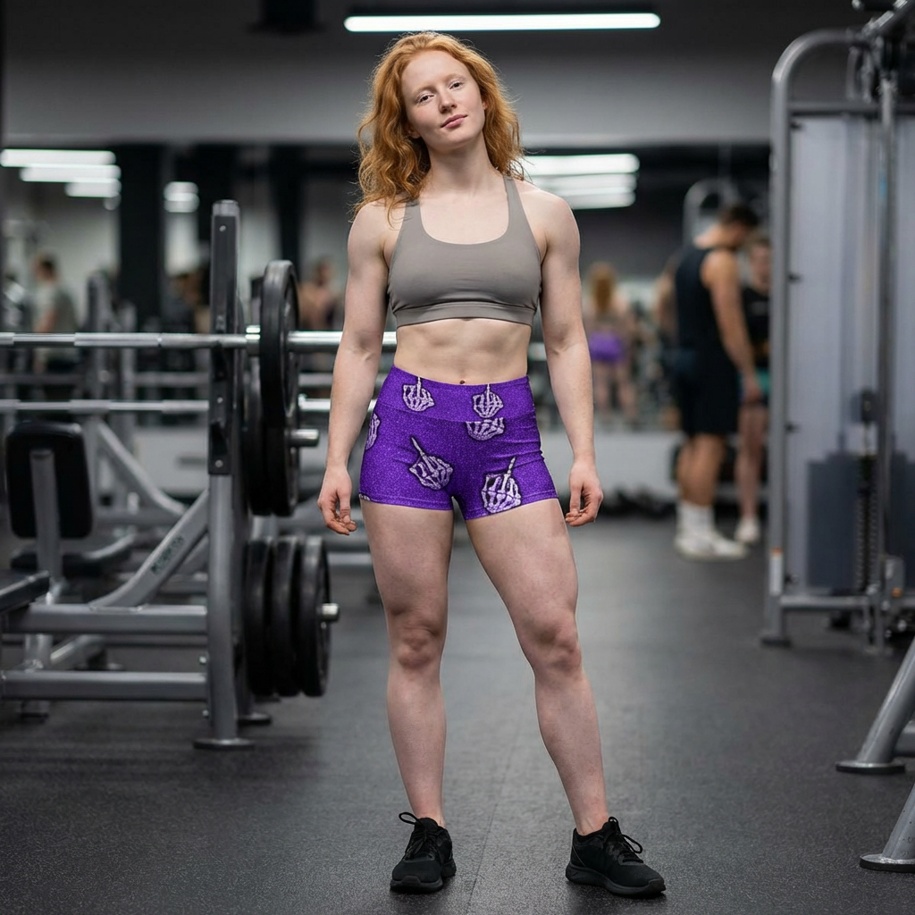 Purple Skeleton Middle Finger Yoga Shorts — Edgy All-Over-Print Activewear