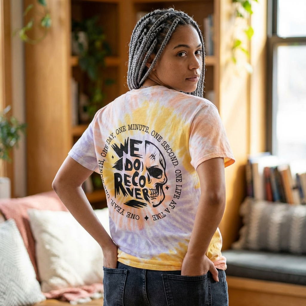 Tie Dye Tee — Blue Spiral Skull "We Do Recover" Back Graphic