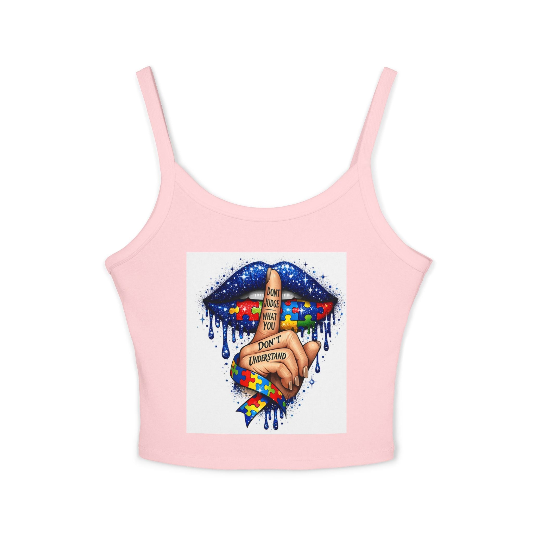 Crop Tank Top — Shushing Rainbow Lips with "I Don’t Understand" Finger Tattoo