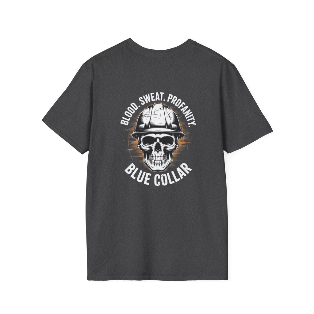 Blue Collar T-Shirt — "Blood, Sweat, Profanity" Skull Workwear Tee
