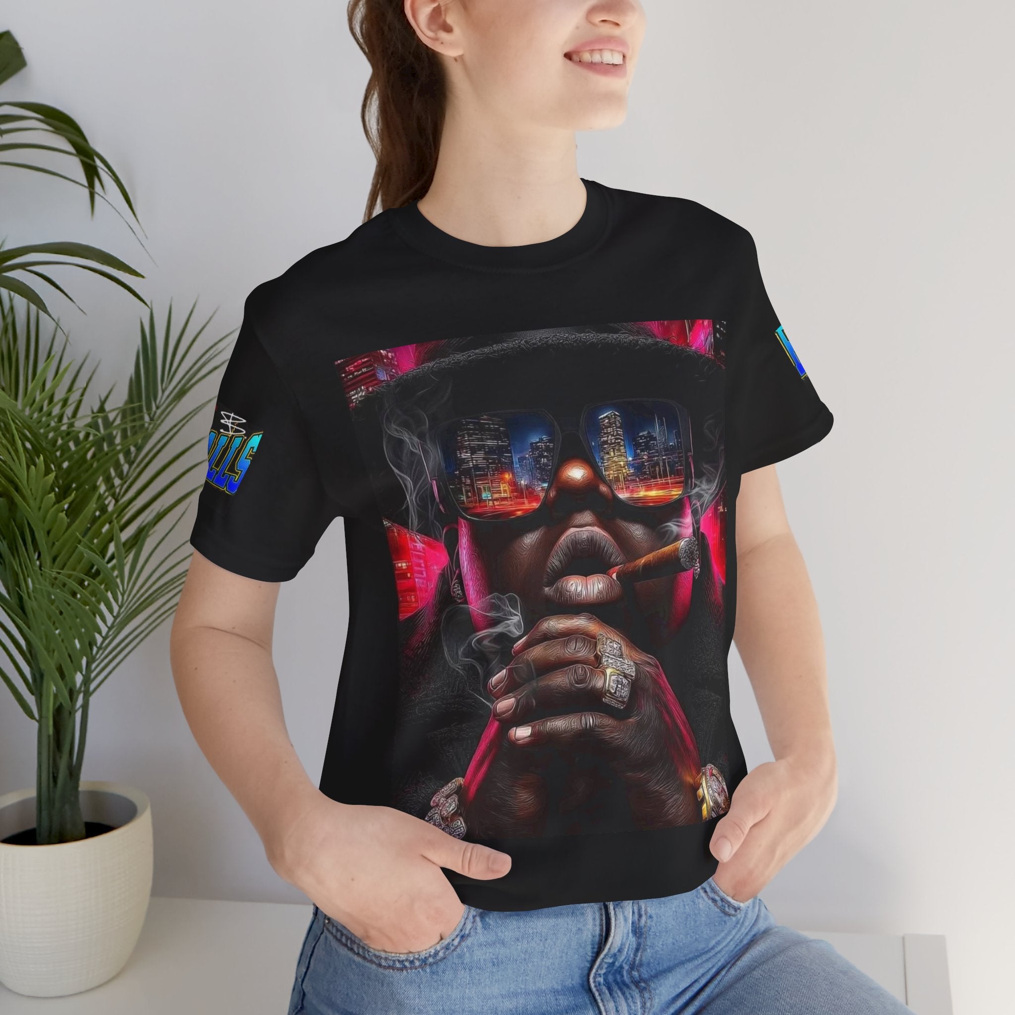 Urban Nightlife Portrait Tee — Smoky City Reflection Graphic T-Shirt