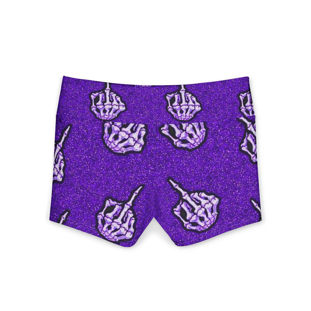 Purple Skeleton Middle Finger Yoga Shorts — Edgy All-Over-Print Activewear