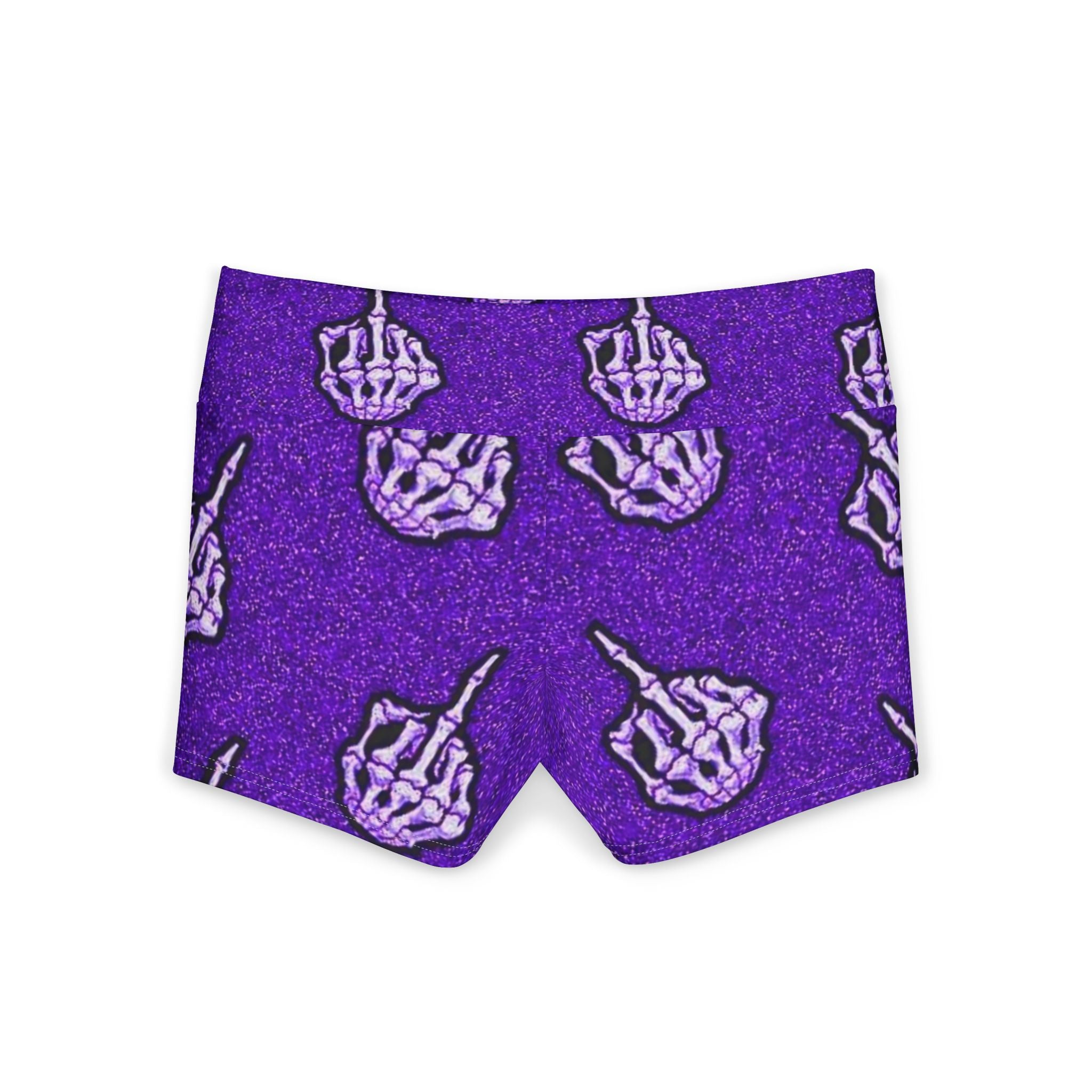 Purple Skeleton Middle Finger Yoga Shorts — Edgy All-Over-Print Activewear