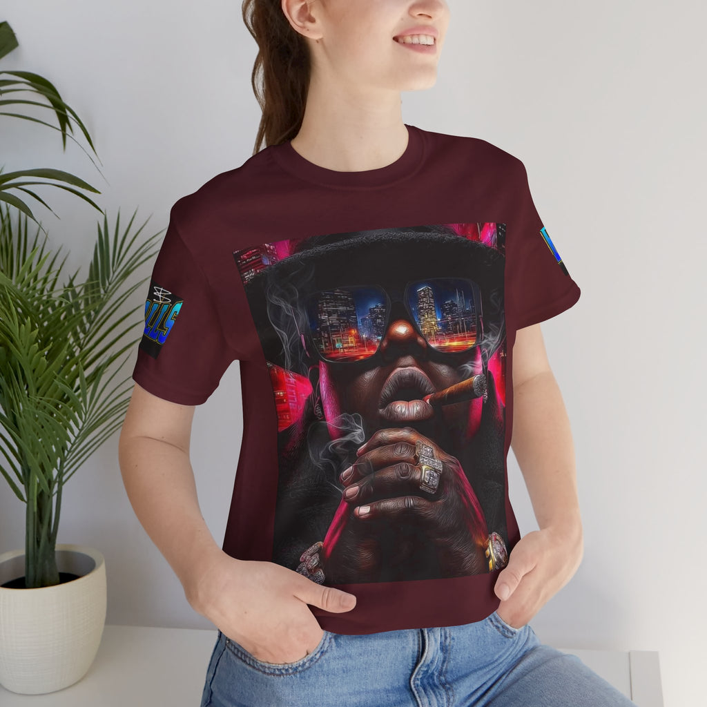 Urban Nightlife Portrait Tee — Smoky City Reflection Graphic T-Shirt