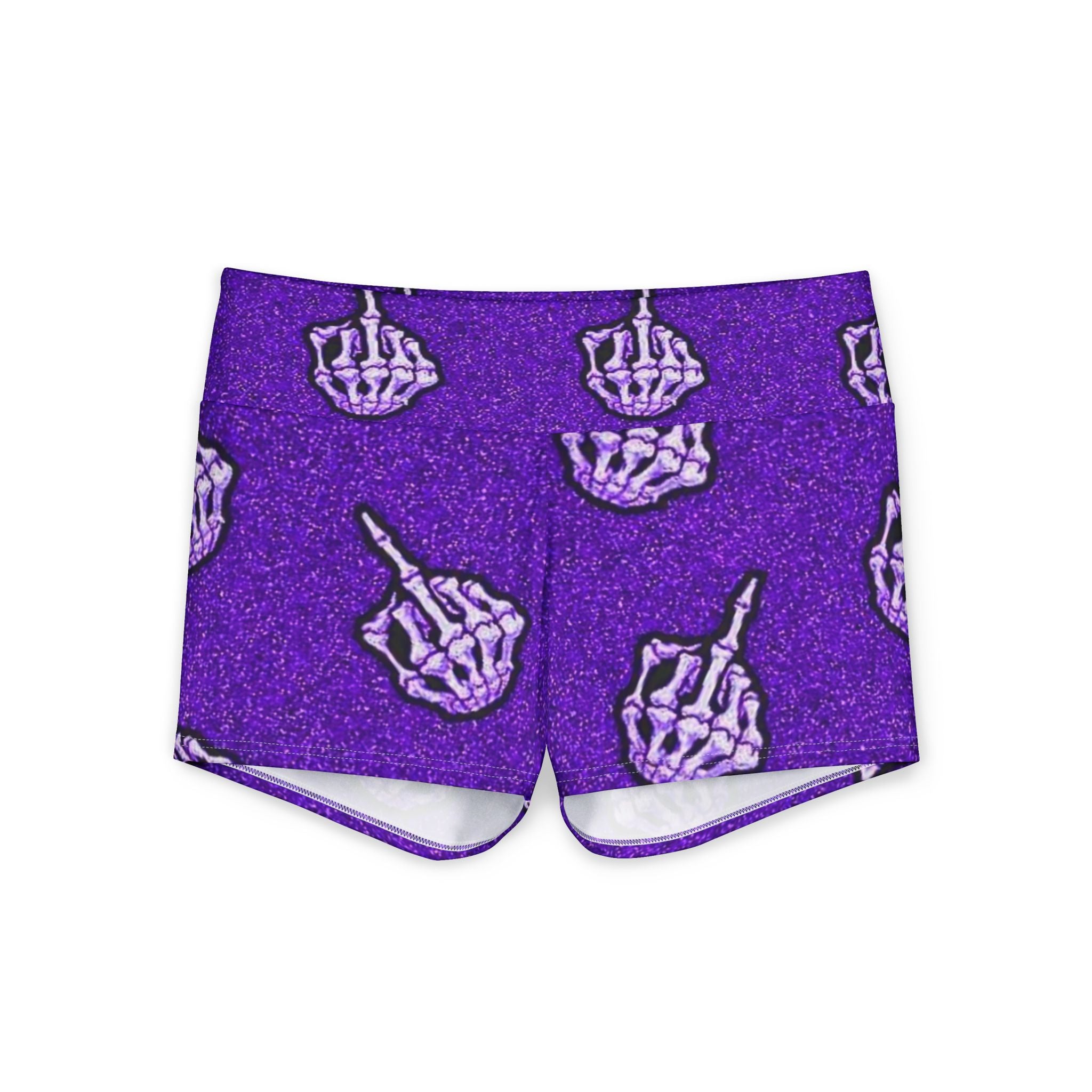 Purple Skeleton Middle Finger Yoga Shorts — Edgy All-Over-Print Activewear