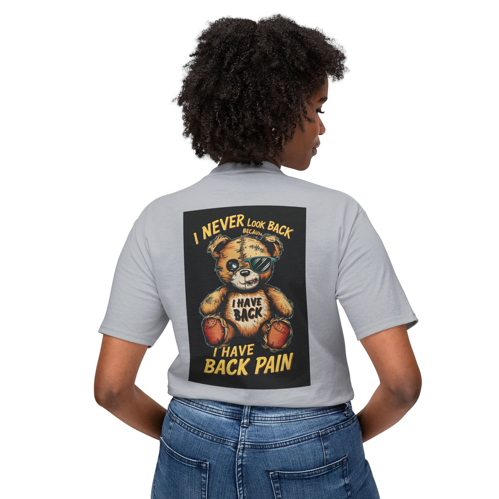 T-Shirt — Vintage Injured Teddy Bear "I Never Look Back, I Have Back Pain" Graphic