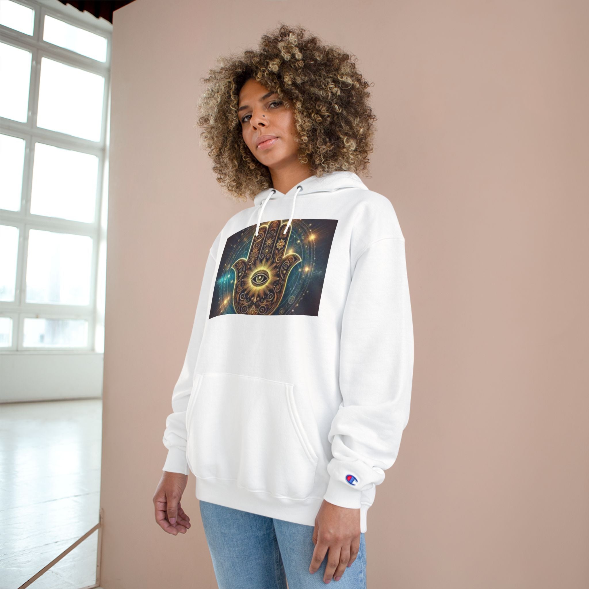 Mystic Hamsa Champion Hoodie — Spiritual Hand Graphic Pullover