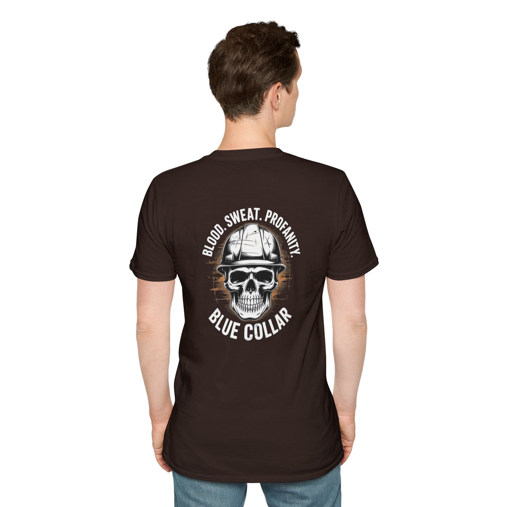Blue Collar T-Shirt — "Blood, Sweat, Profanity" Skull Workwear Tee
