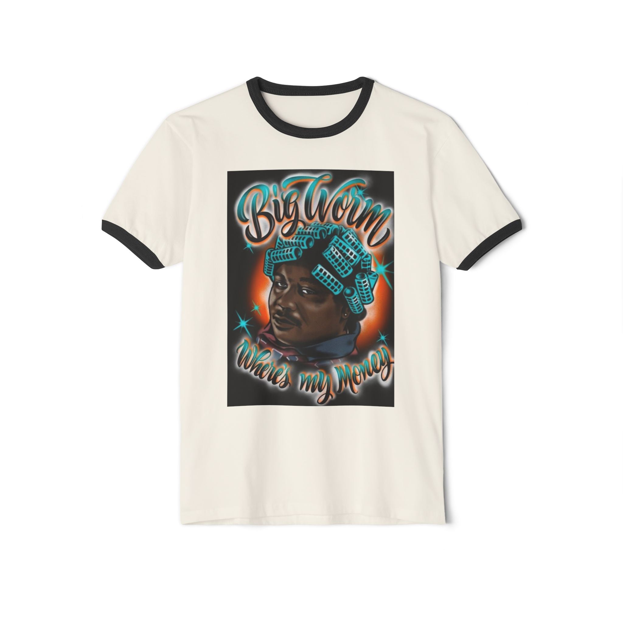 Retro Hip-Hop Portrait T-Shirt — "Big Worm Takes My Money" Graphic Ringer Tee