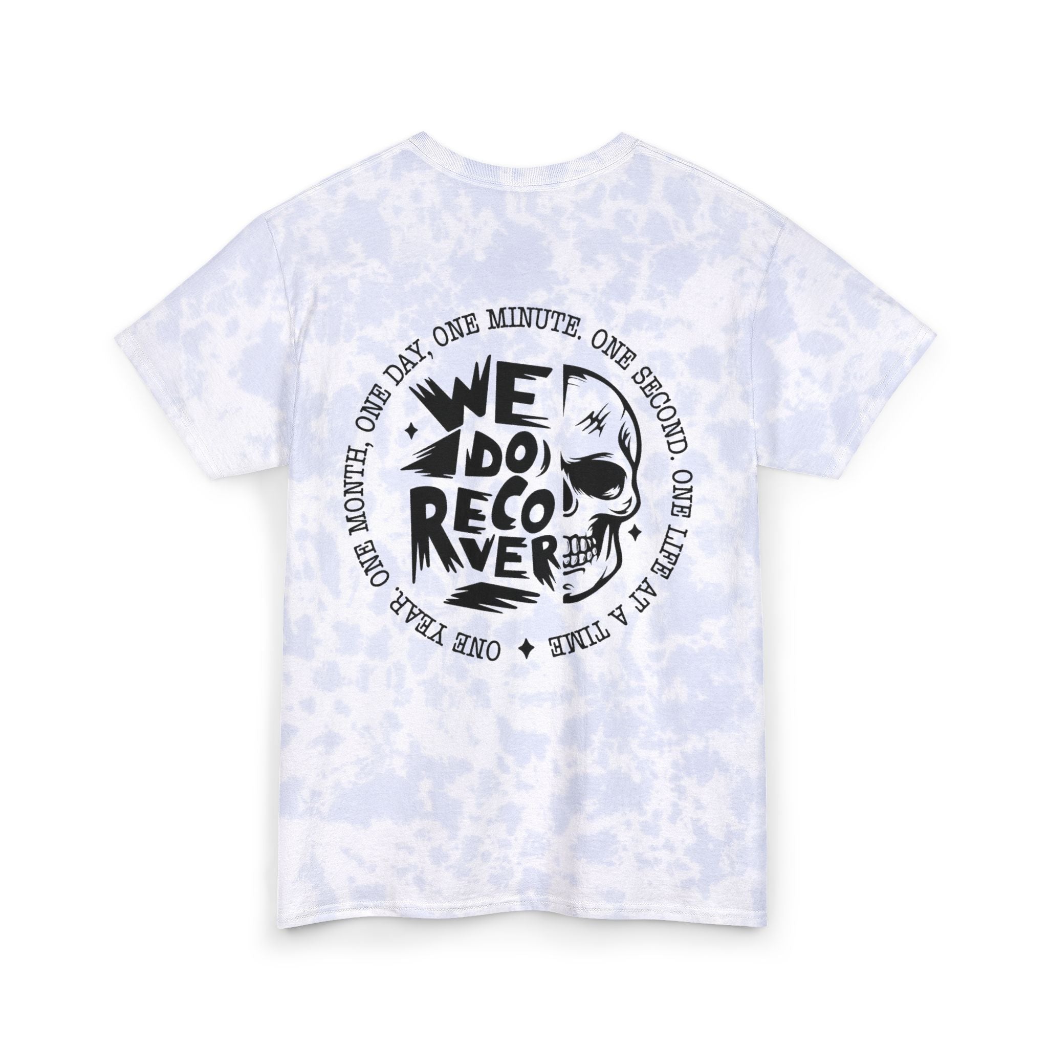 Tie Dye Tee — Blue Spiral Skull "We Do Recover" Back Graphic