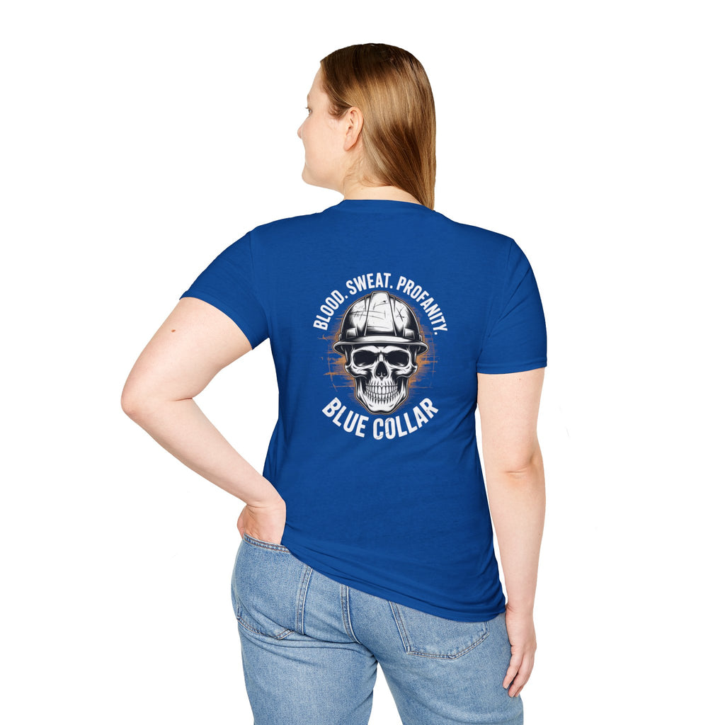 Blue Collar T-Shirt — "Blood, Sweat, Profanity" Skull Workwear Tee