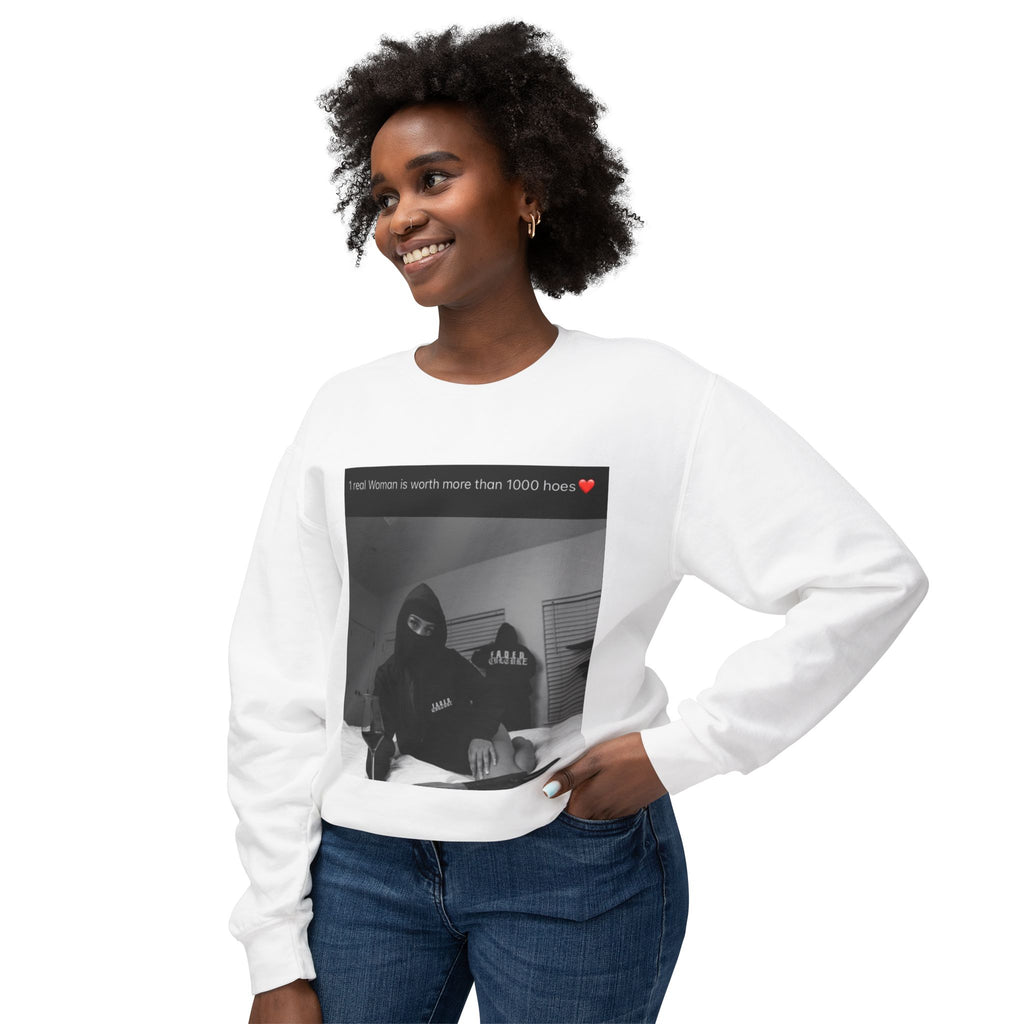 Crewneck Sweatshirt — Black-Masked Photo with Quote “I need Women is worth more than 1000 faces”