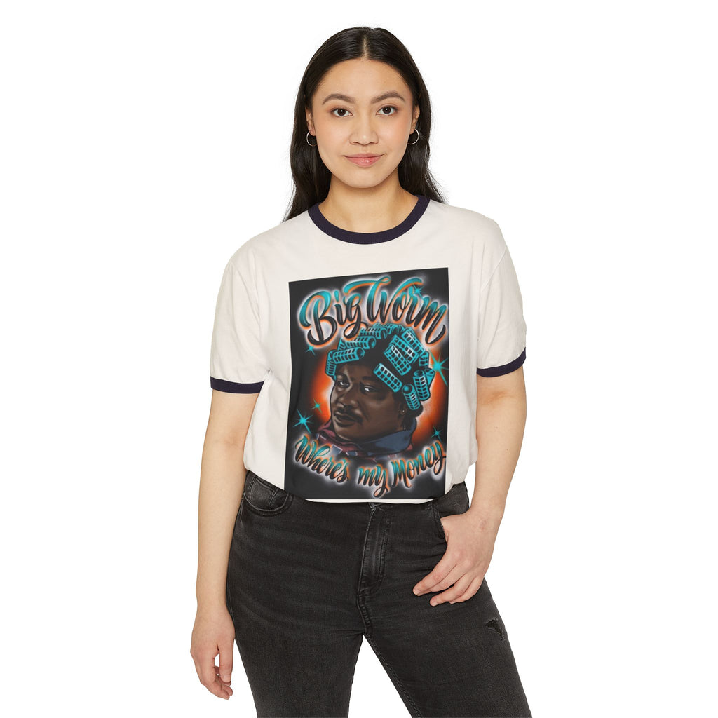 Retro Hip-Hop Portrait T-Shirt — "Big Worm Takes My Money" Graphic Ringer Tee