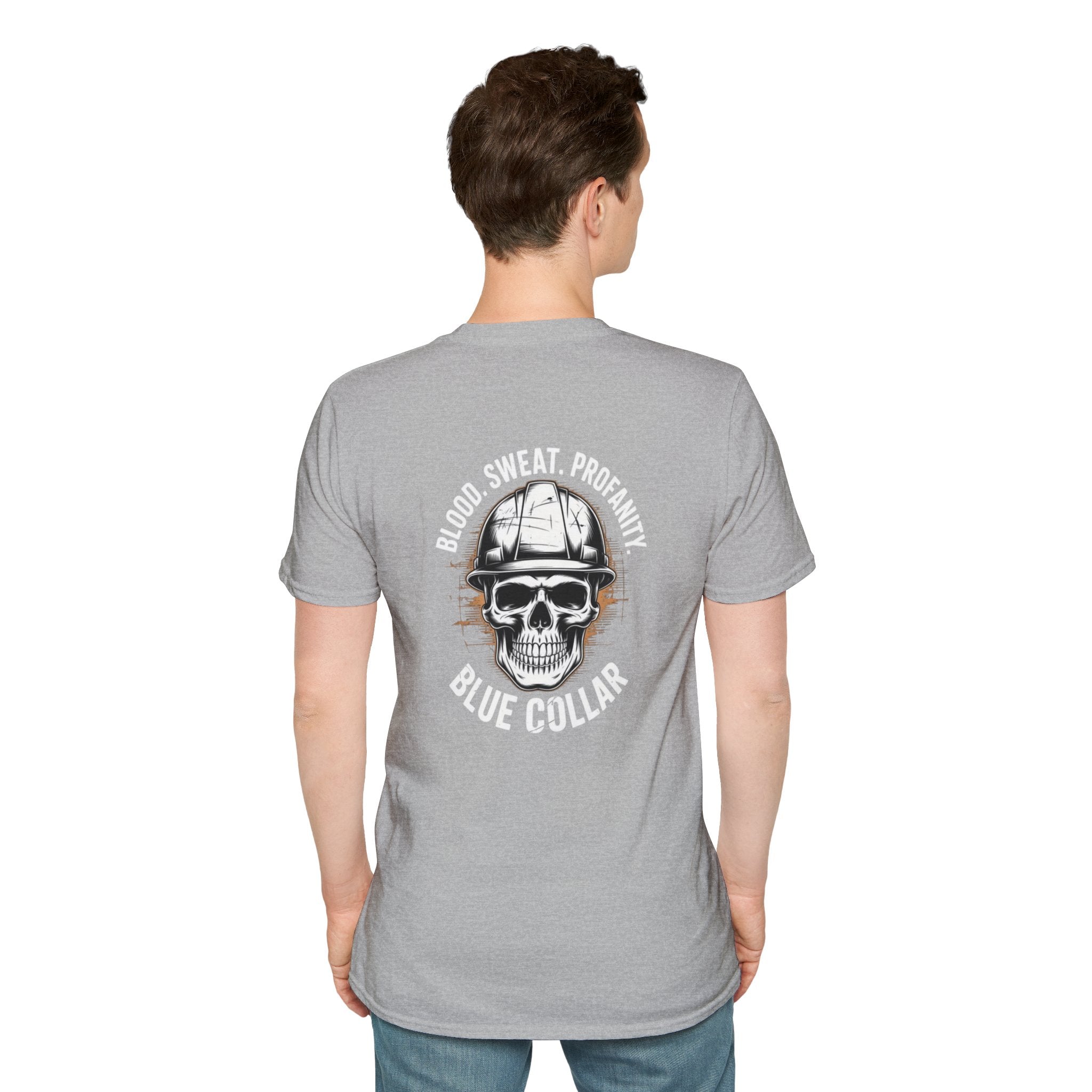 Blue Collar T-Shirt — "Blood, Sweat, Profanity" Skull Workwear Tee
