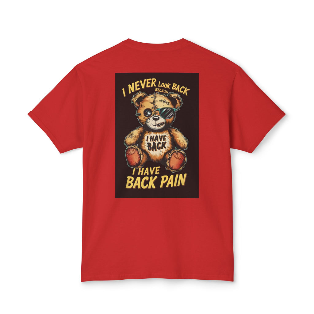 T-Shirt — Vintage Injured Teddy Bear "I Never Look Back, I Have Back Pain" Graphic