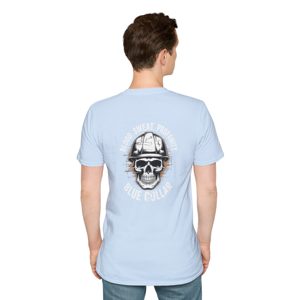 Blue Collar T-Shirt — "Blood, Sweat, Profanity" Skull Workwear Tee