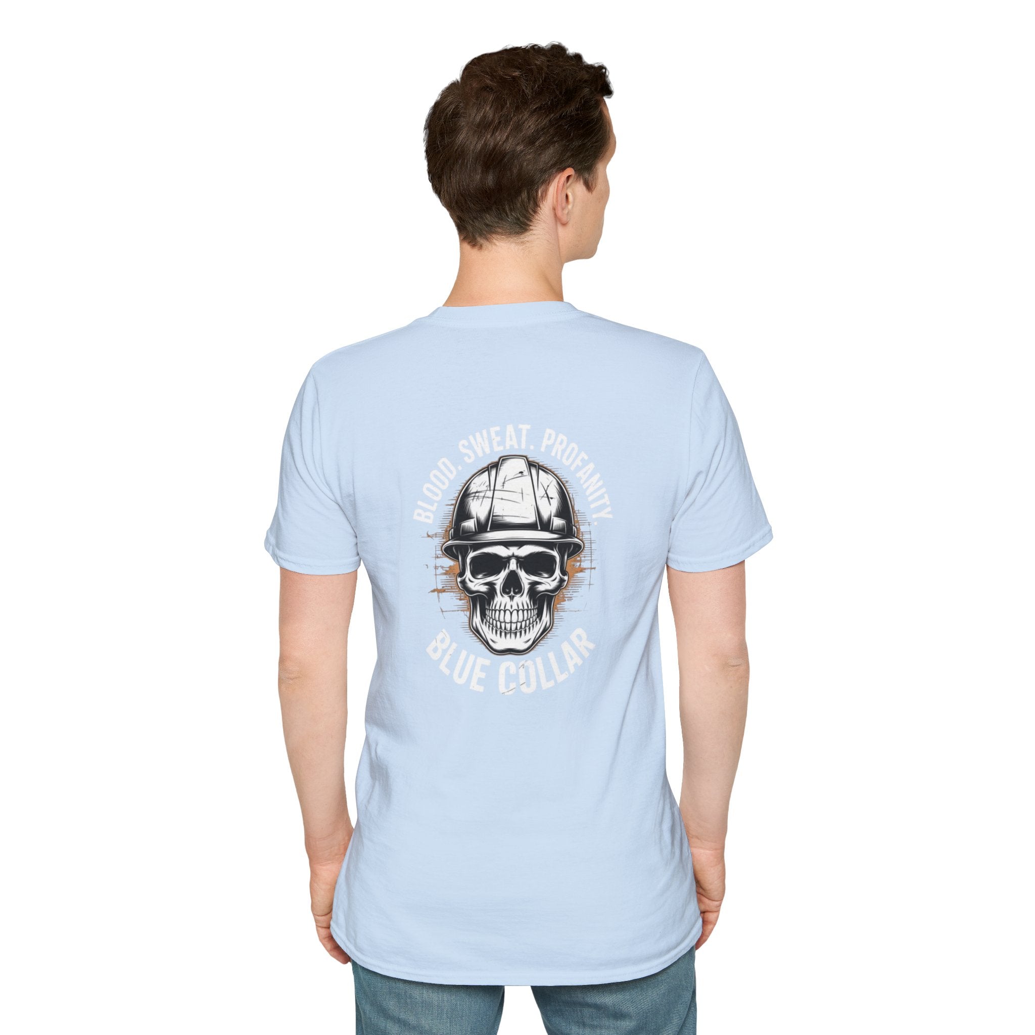 Blue Collar T-Shirt — "Blood, Sweat, Profanity" Skull Workwear Tee