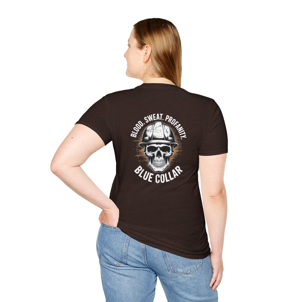 Blue Collar T-Shirt — "Blood, Sweat, Profanity" Skull Workwear Tee
