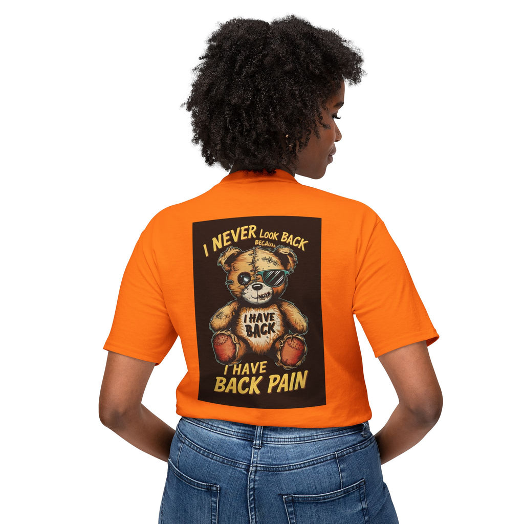 T-Shirt — Vintage Injured Teddy Bear "I Never Look Back, I Have Back Pain" Graphic