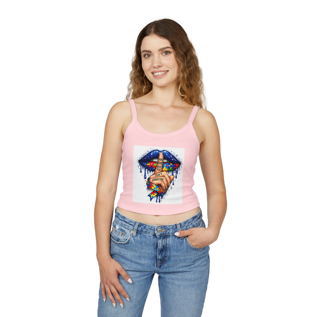 Crop Tank Top — Shushing Rainbow Lips with "I Don’t Understand" Finger Tattoo