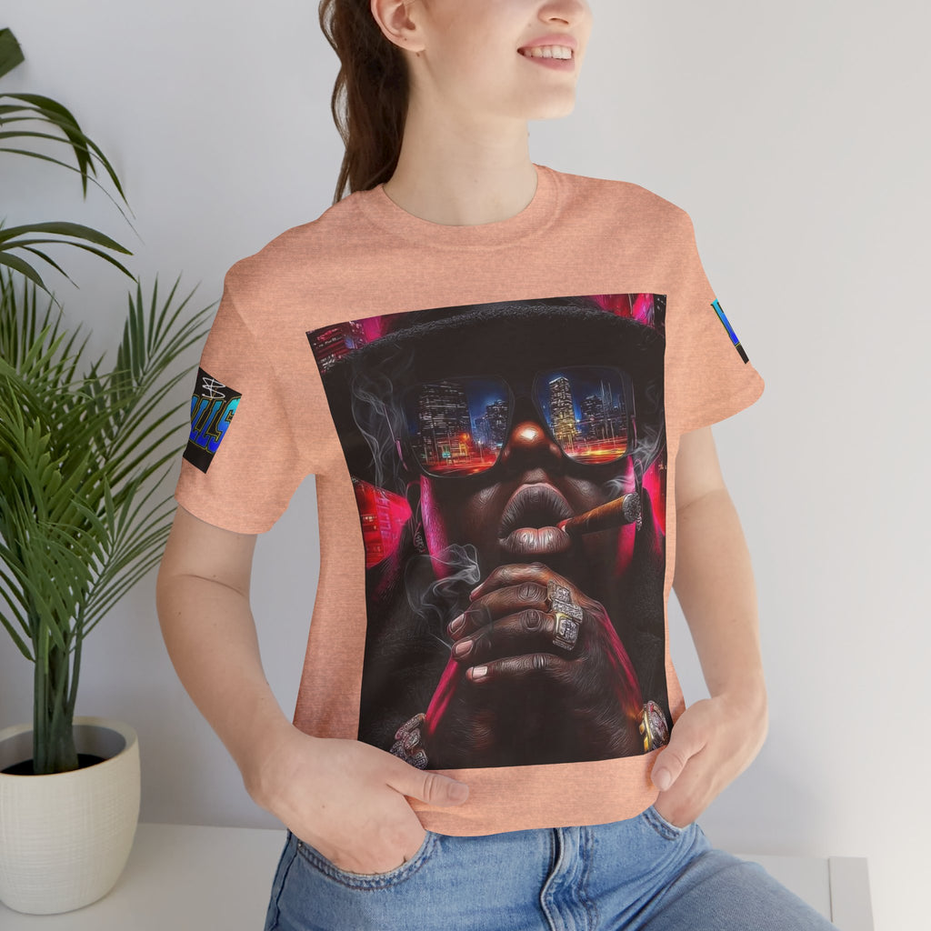 Urban Nightlife Portrait Tee — Smoky City Reflection Graphic T-Shirt