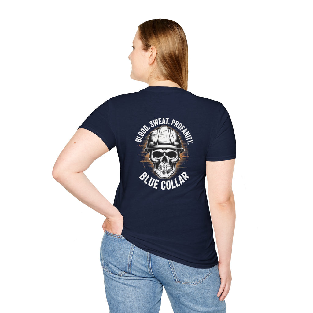 Blue Collar T-Shirt — "Blood, Sweat, Profanity" Skull Workwear Tee