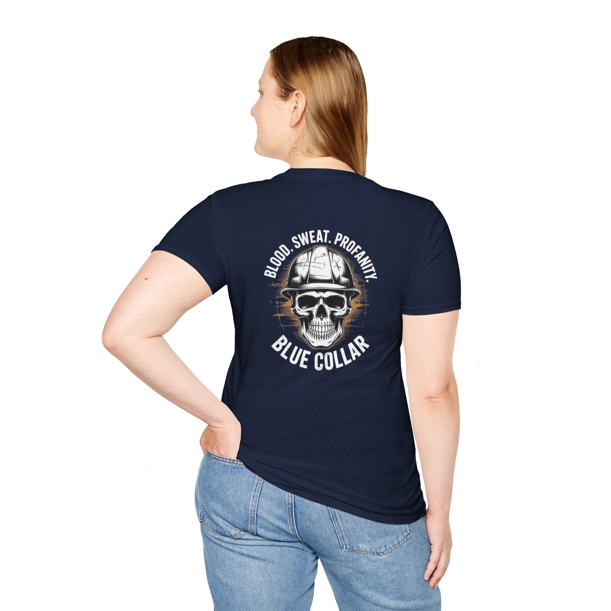 Blue Collar T-Shirt — "Blood, Sweat, Profanity" Skull Workwear Tee