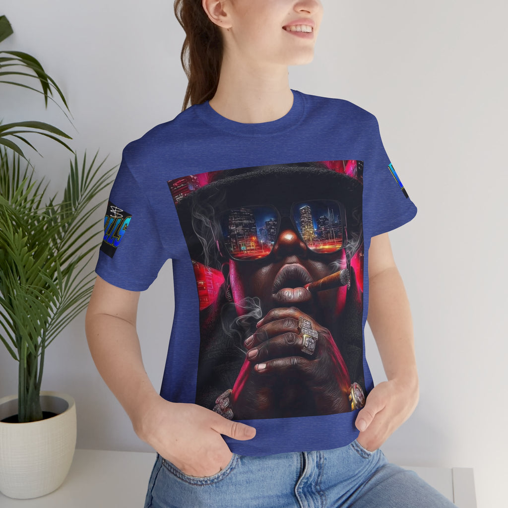 Urban Nightlife Portrait Tee — Smoky City Reflection Graphic T-Shirt