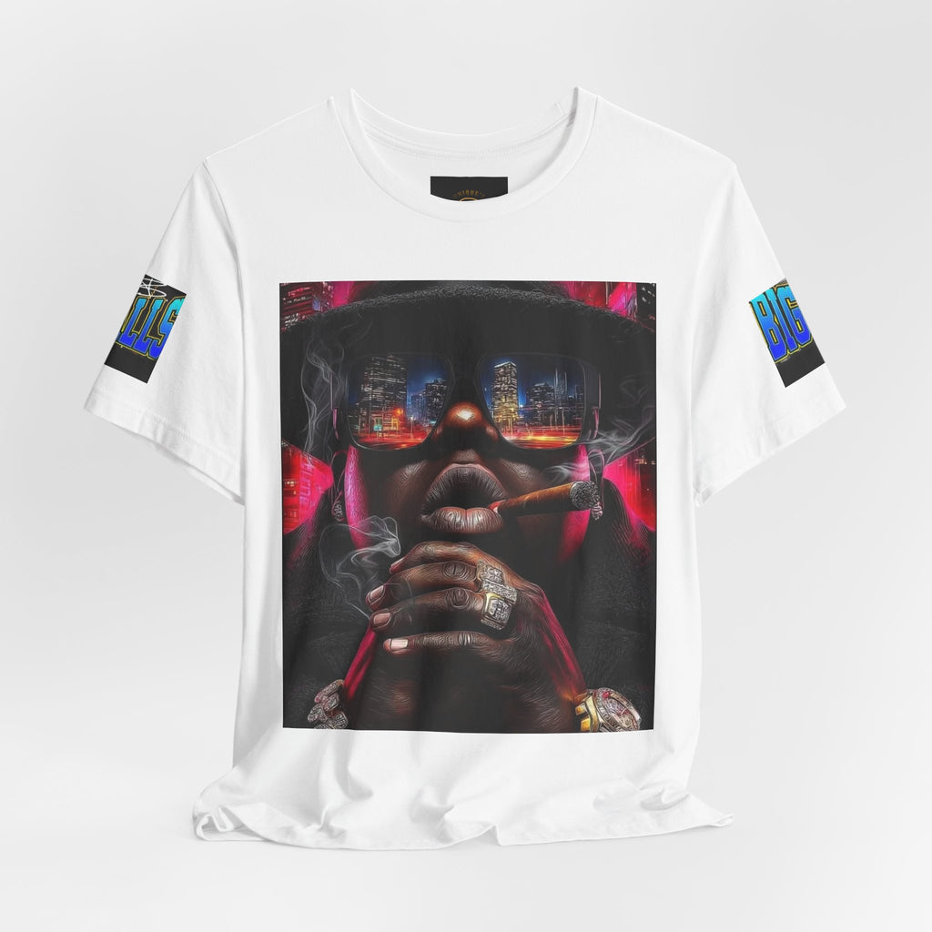 Urban Nightlife Portrait Tee — Smoky City Reflection Graphic T-Shirt