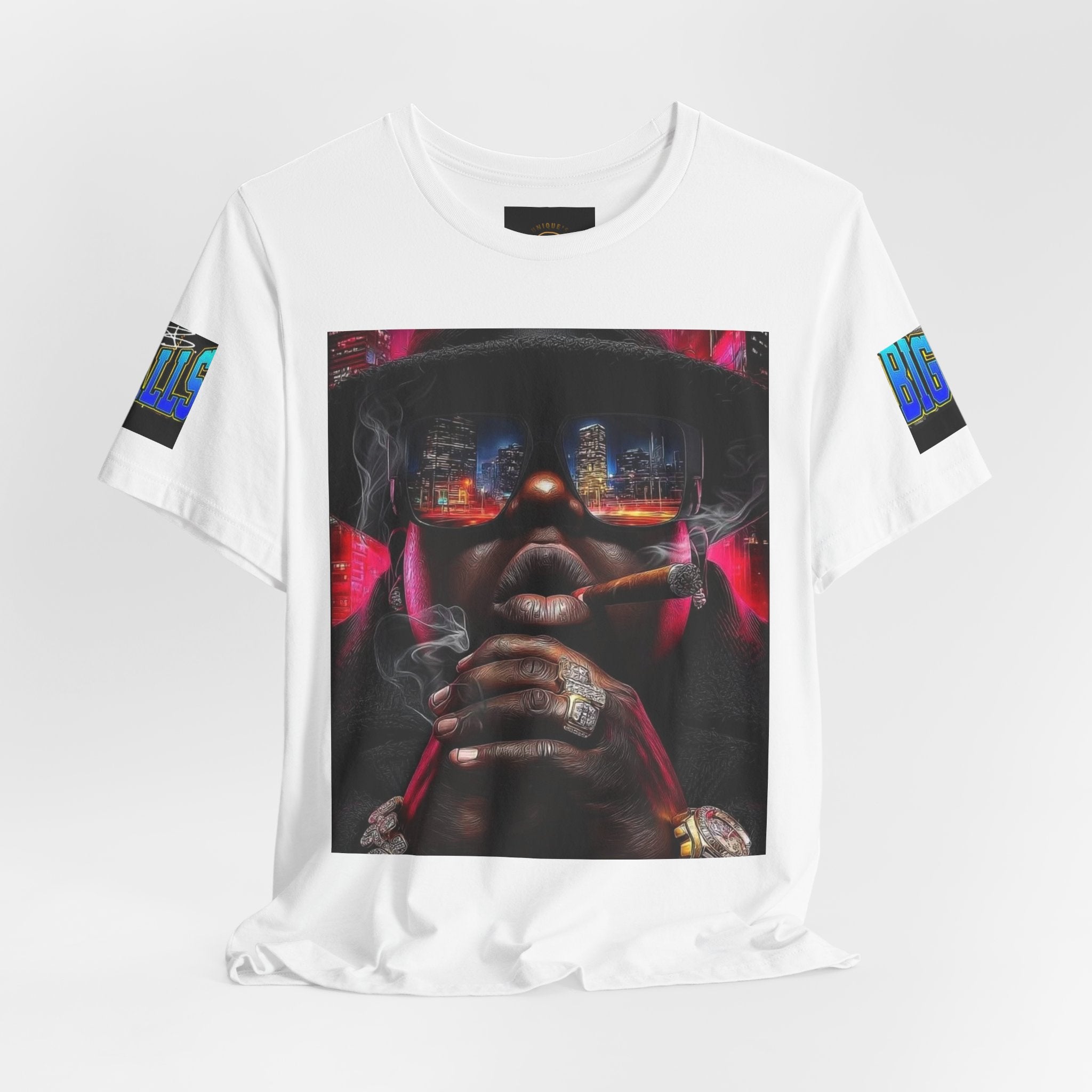 Urban Nightlife Portrait Tee — Smoky City Reflection Graphic T-Shirt