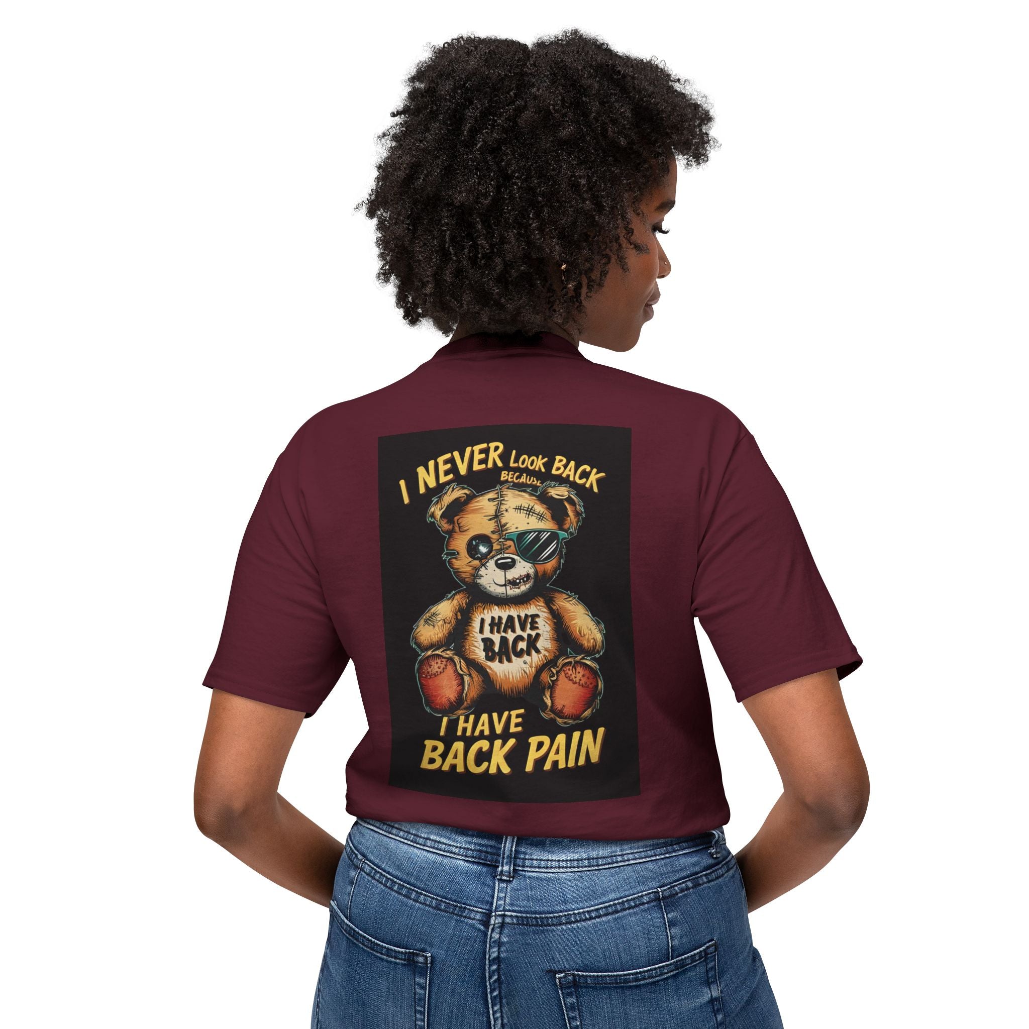 T-Shirt — Vintage Injured Teddy Bear "I Never Look Back, I Have Back Pain" Graphic