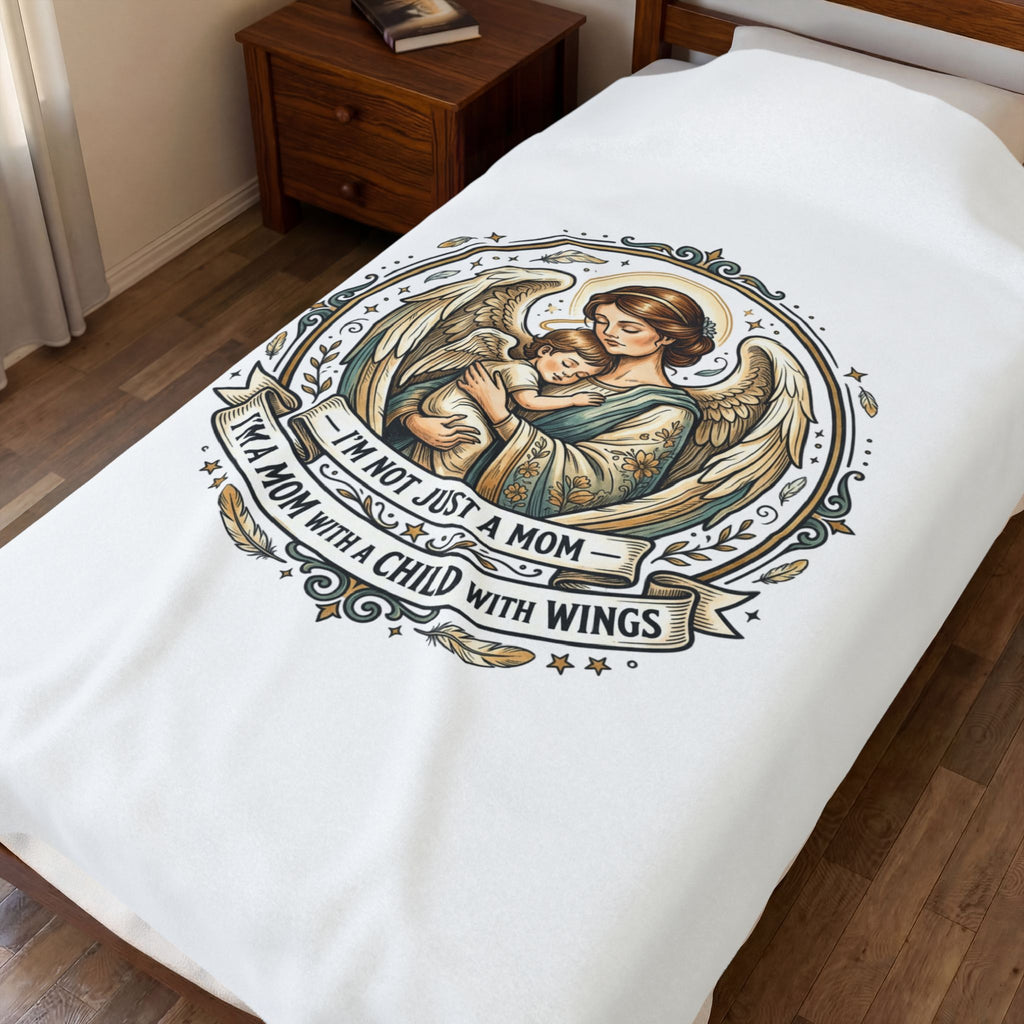 Mom with Child Wings Velveteen Plush Blanket | Mother's Day Minimal Typographic