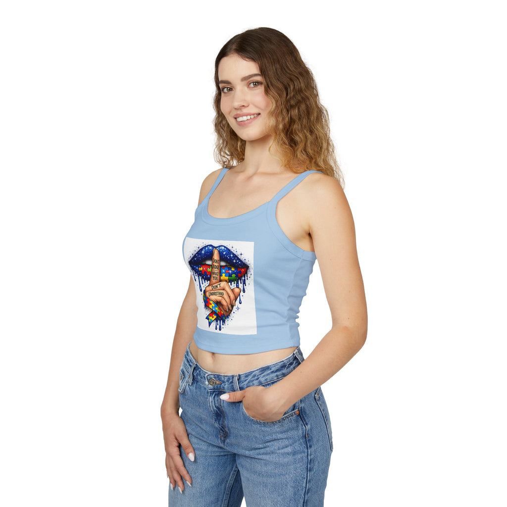 Crop Tank Top — Shushing Rainbow Lips with "I Don’t Understand" Finger Tattoo