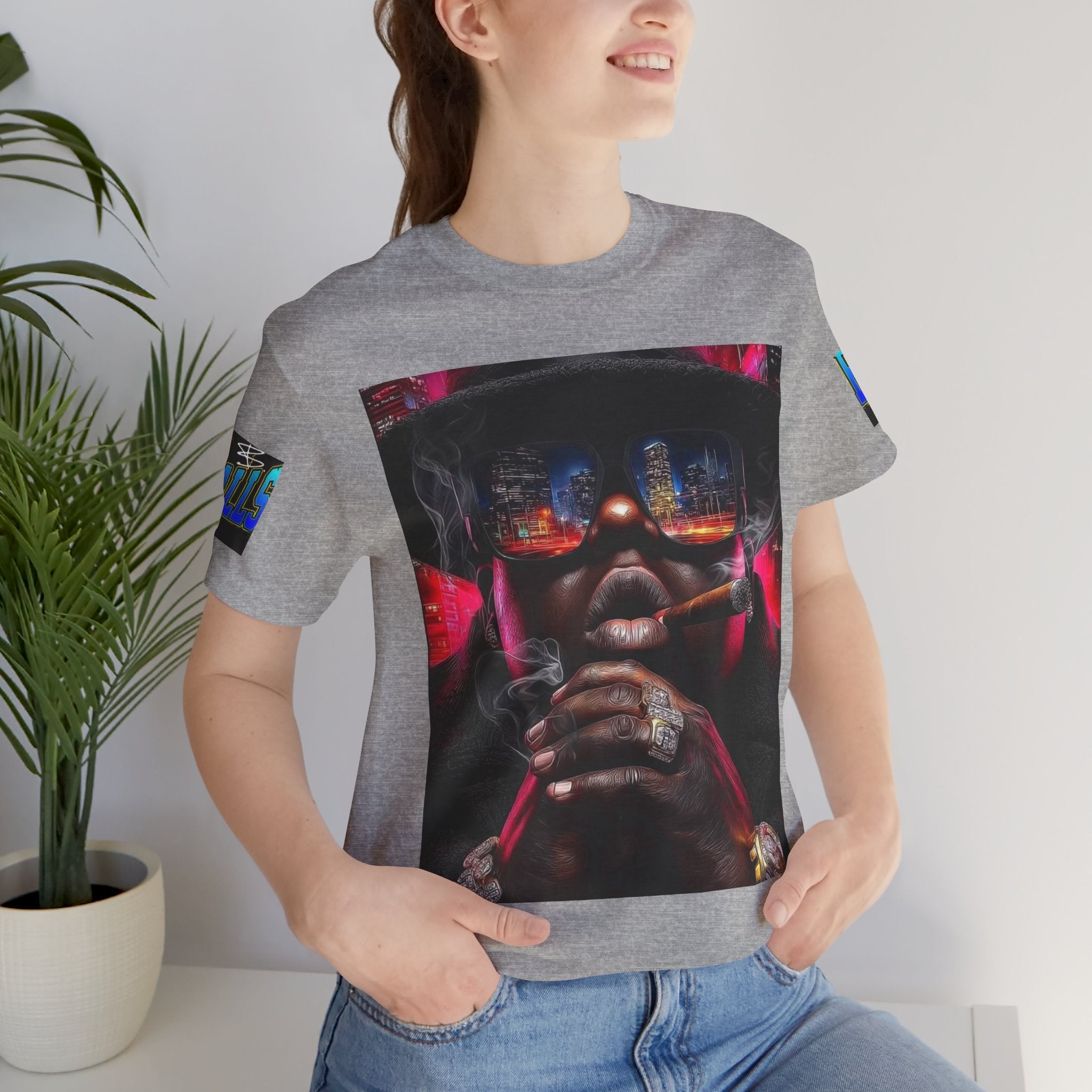 Urban Nightlife Portrait Tee — Smoky City Reflection Graphic T-Shirt