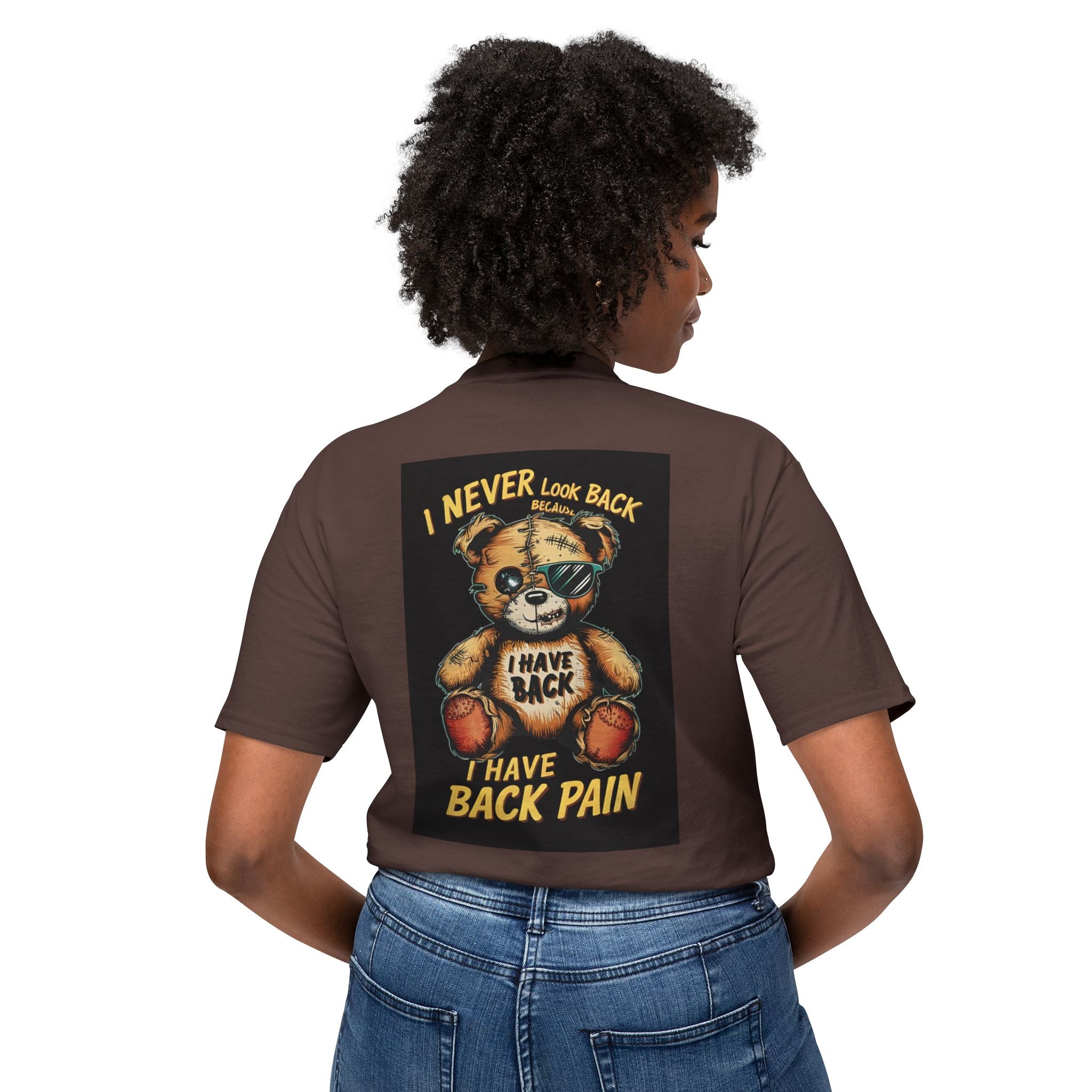 T-Shirt — Vintage Injured Teddy Bear "I Never Look Back, I Have Back Pain" Graphic
