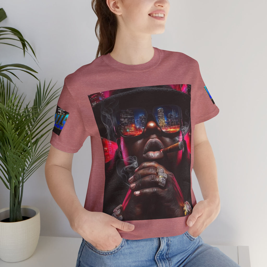Urban Nightlife Portrait Tee — Smoky City Reflection Graphic T-Shirt