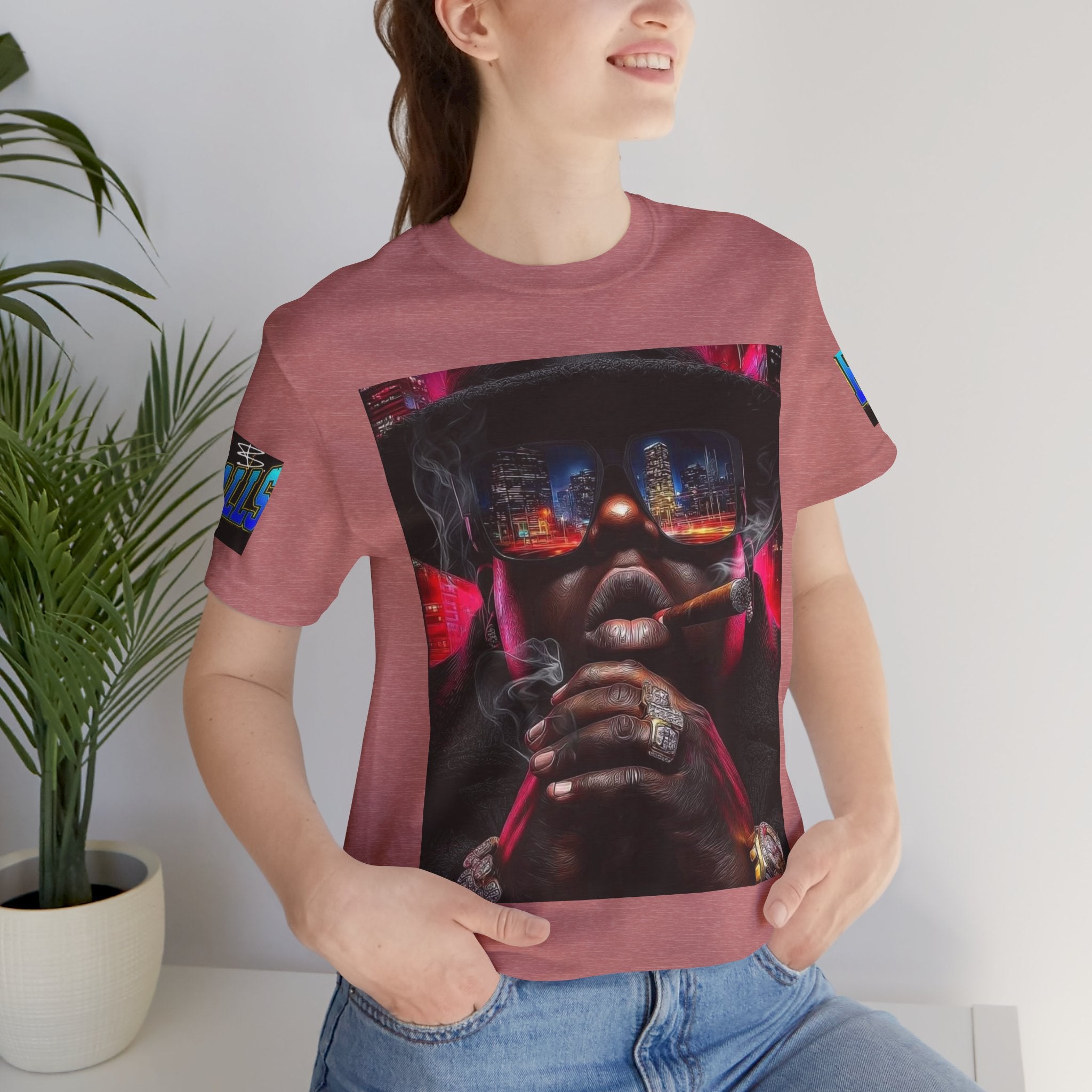 Urban Nightlife Portrait Tee — Smoky City Reflection Graphic T-Shirt