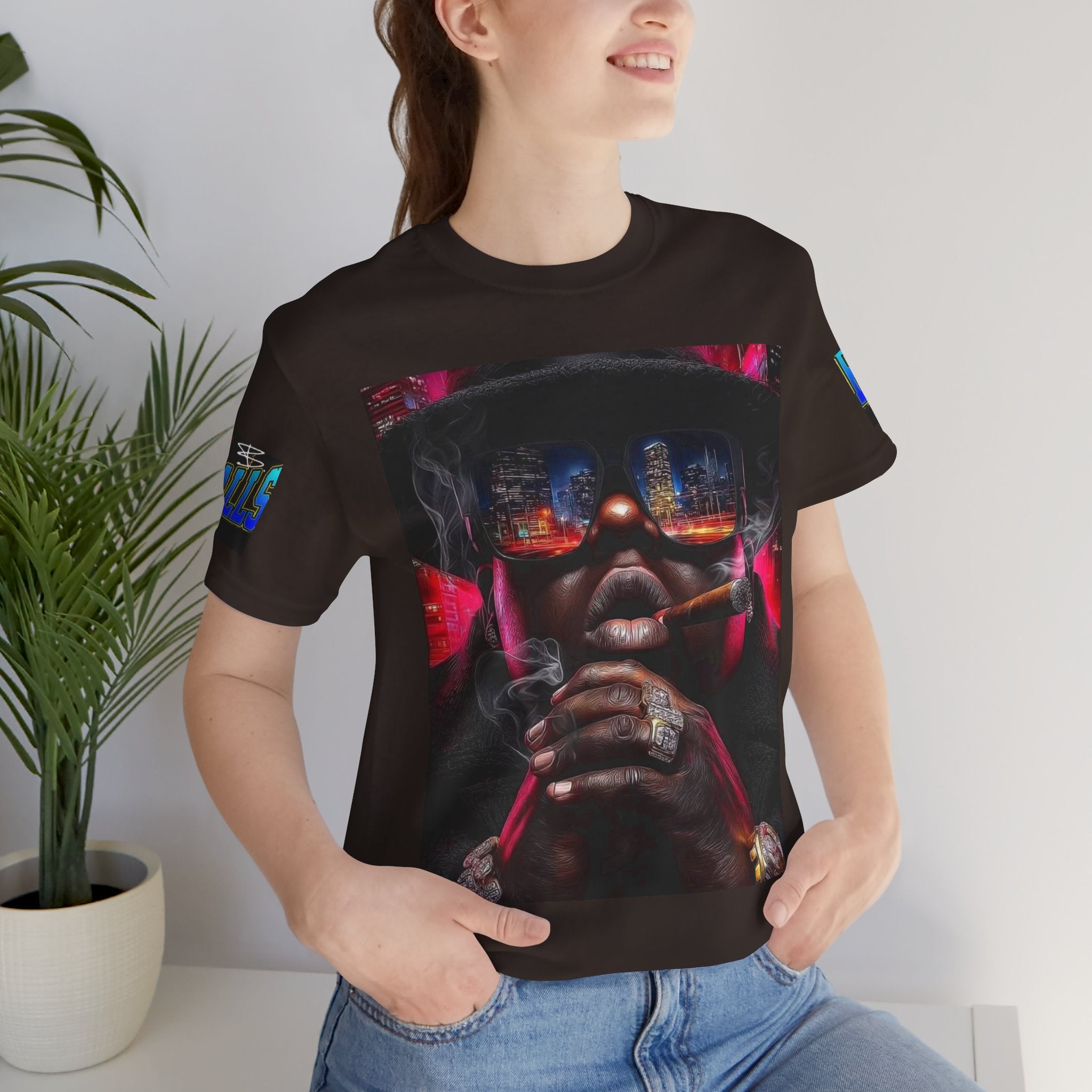 Urban Nightlife Portrait Tee — Smoky City Reflection Graphic T-Shirt