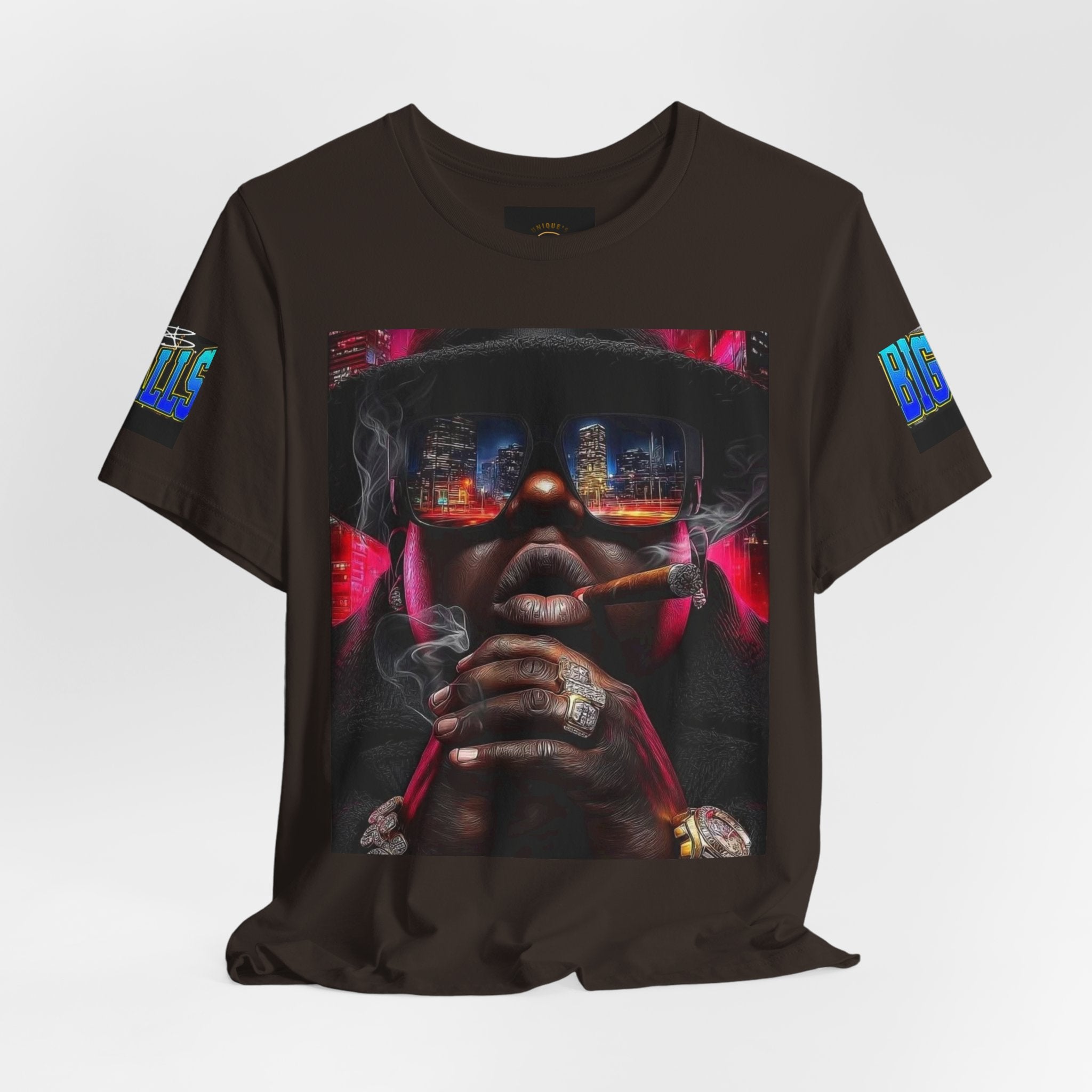 Urban Nightlife Portrait Tee — Smoky City Reflection Graphic T-Shirt