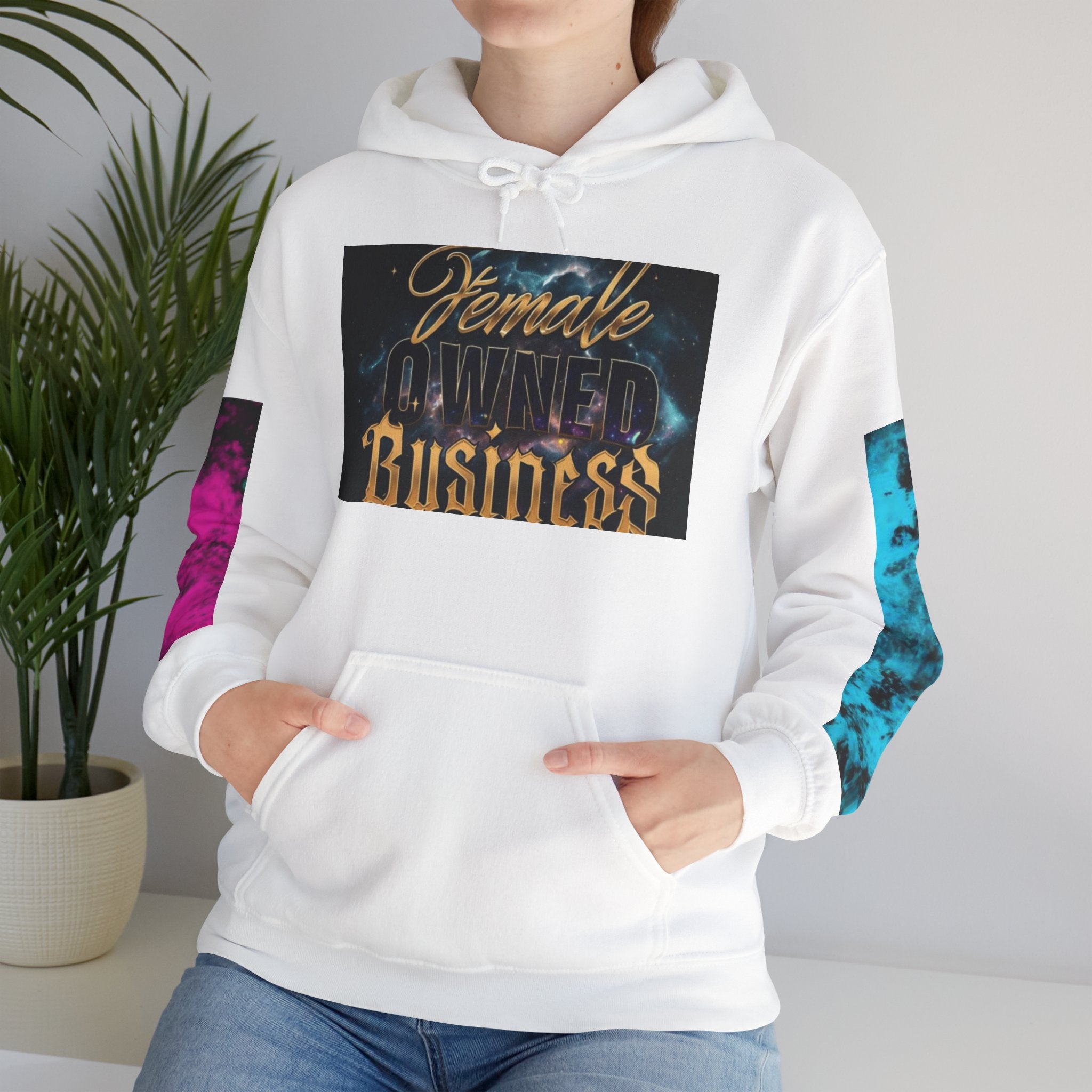 Female Owned Business Hoodie — Bold 'Bitch Please' Graffiti Back & Color-Block Sleeve Streetwear