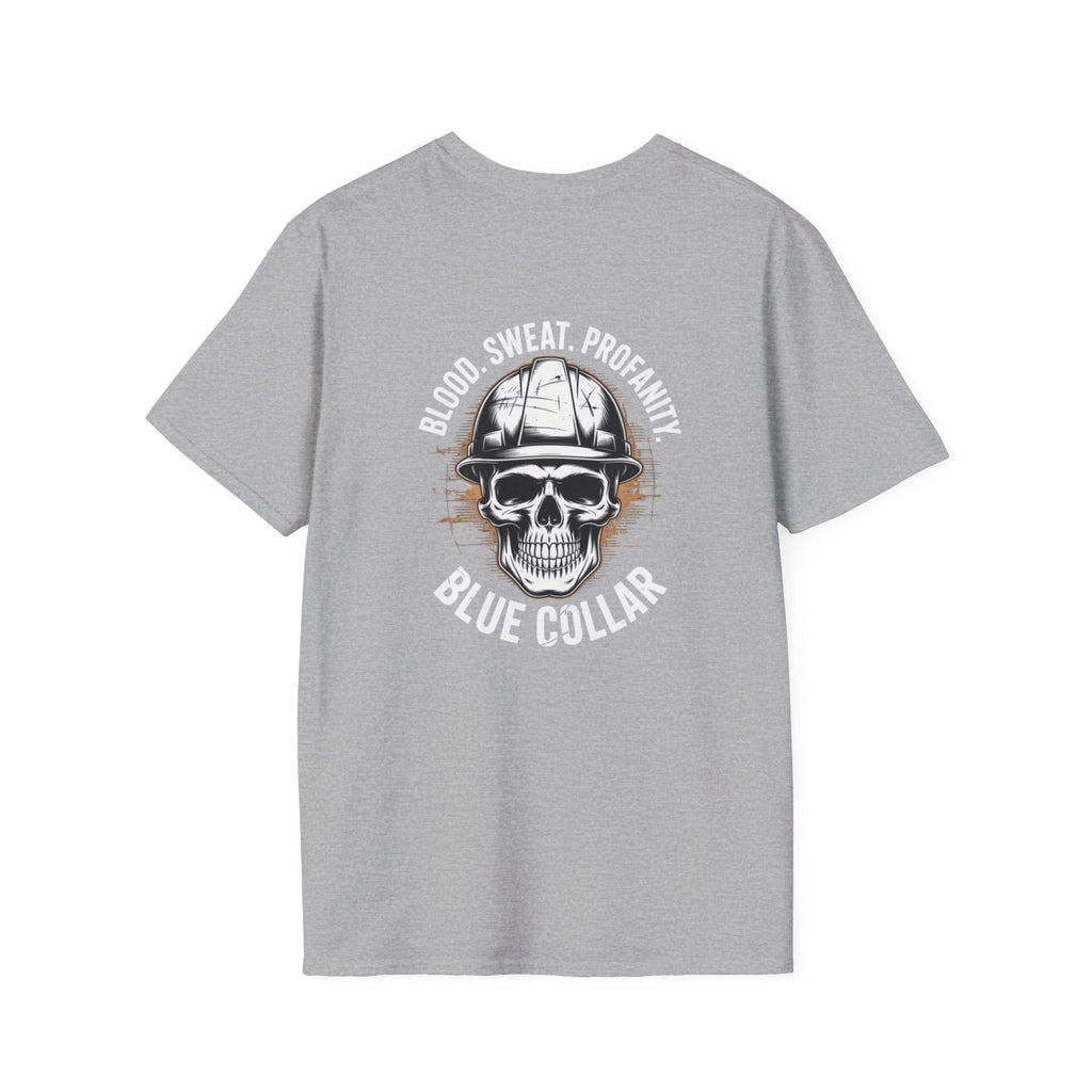 Blue Collar T-Shirt — "Blood, Sweat, Profanity" Skull Workwear Tee