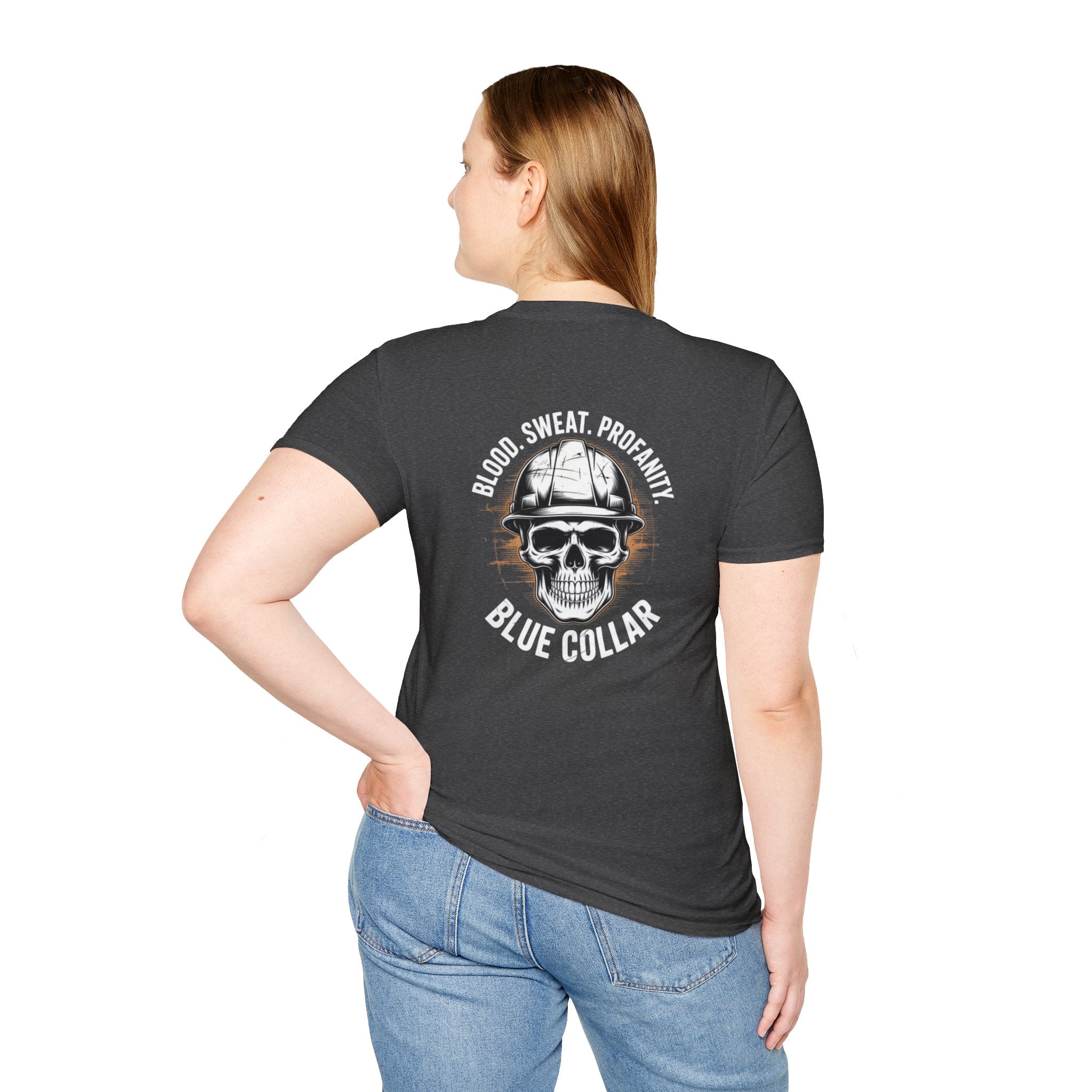 Blue Collar T-Shirt — "Blood, Sweat, Profanity" Skull Workwear Tee