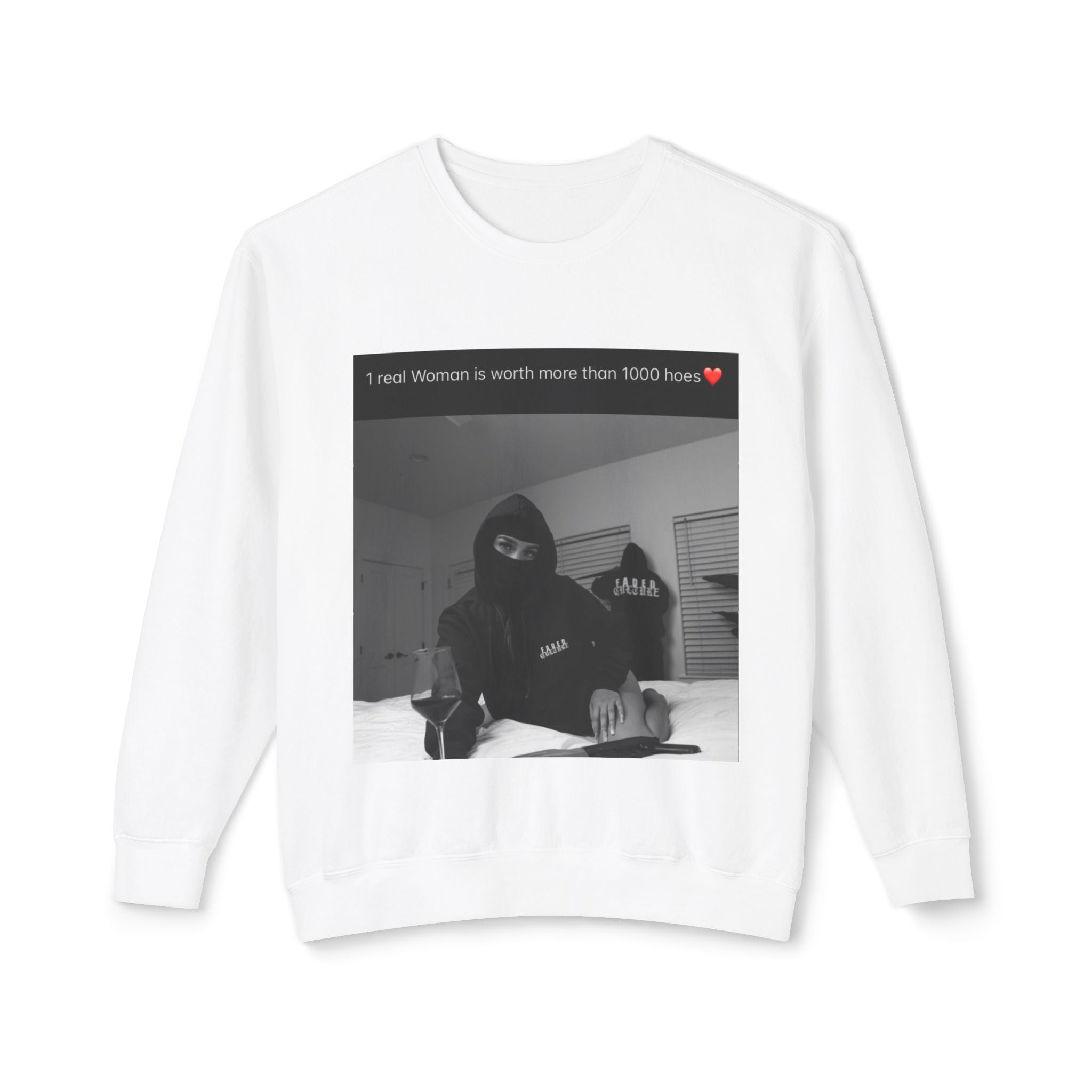 Crewneck Sweatshirt — Black-Masked Photo with Quote “I need Women is worth more than 1000 faces”